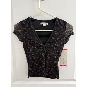 Aeropostale Mesh V-Neck Crop Top Black Floral Ditsy Print NWT XS 157257